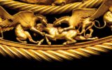 Detail from a golden Scythian pectoral from the royal grave in the Tolstaja Mogila Kurgan, middle of 4th century BCE. Museum of Historical Treasures of Ukraine, Kiev. Image released to the press in 2009. The Scythians were an ancient Iranian people of horse-riding nomadic pastoralists who throughout Classical Antiquity dominated the Pontic-Caspian steppe, known at the time as Scythia. By Late Antiquity the closely-related Sarmatians came to dominate the Scythians in the west. (Photo by: Pictures From History/Universal Images Group via Getty Images)