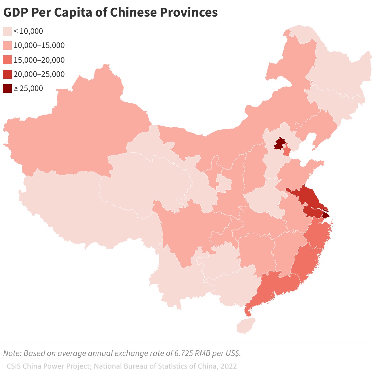 Photo: Where the wealthiest Chinese reside: GDP per capita of Chinese provinces. It's evident how economic life is concentrated in coastal regions and near the capital. Source: CSIS China Power Project; National Bureau of Statistics of China, 2022