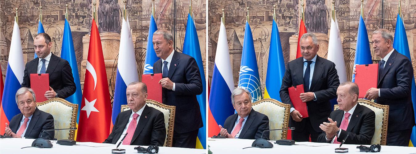 Signing ceremony of the “Initiative on the Safe Transportation of Grain and Foodstuffs from Ukrainian Ports” at Dolmabahçe Palace, Istanbul, Turkey, 22 July 2022. This agreement lasted only 12 months. Left: UN Secretary-General António Guterres, President of the Republic of Turkey Recep Tayyip Erdoğan, Ukrainian Minister of Infrastructure Oleksandr Kubrakov, Turkish Defence Minister Hulusi Akar. Right: UN Secretary-General António Guterres, President of the Republic of Turkey Recep Tayyip Erdoğan, Russian Defence Minister Sergey Shoygu, and Turkish Defence Minister Hulusi Akar.