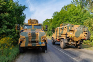 Ukrainian armoured vehicles on a road