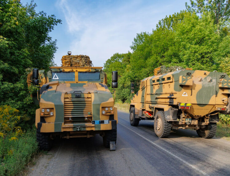 Ukrainian armoured vehicles on a road