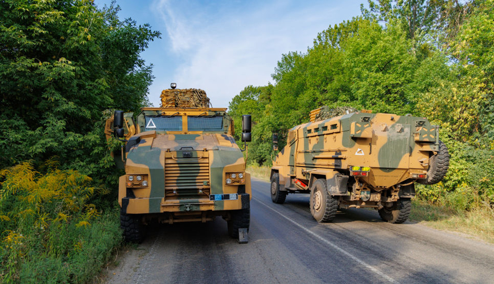 Ukrainian armoured vehicles on a road