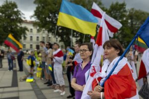 People attend a demonstration against Russia's war on Ukraine, in Vilnius, Lithuania